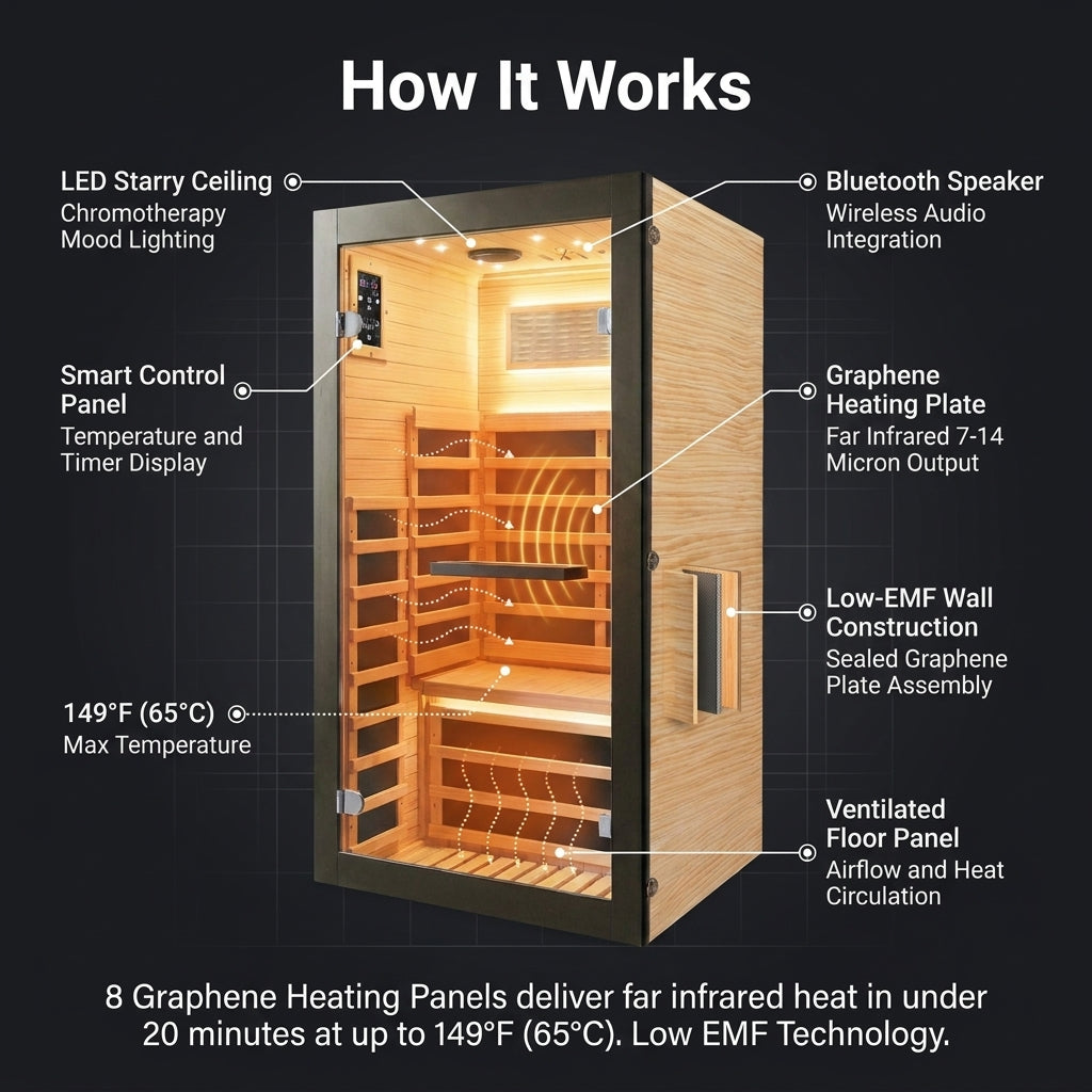 Infrared Sauna 1 Person Far Infrared Sauna Low EMF Indoor Sauna with Starry Light Ceiling Speakers Personal Dry Sauna for Home Gym Spa Fast Heating Easy Assembly 30.7X 30.7X62.2 — How It Works